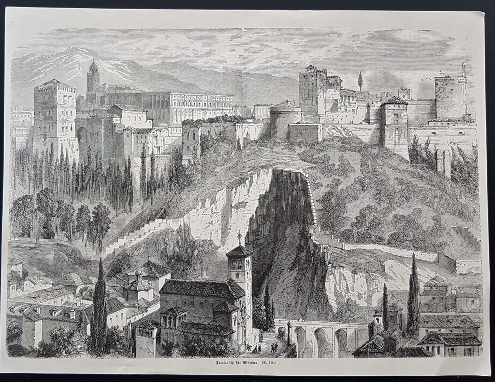 Totalansicht der Alhambra Andalusien Spanien Holzstich um 1860 antik