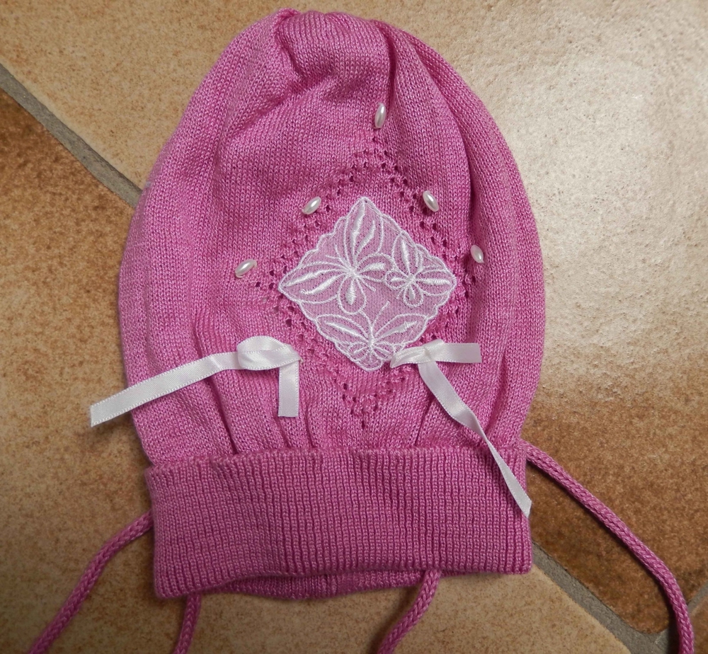 NEU - Babymützchen rosa mit Umschlag und Verzierung