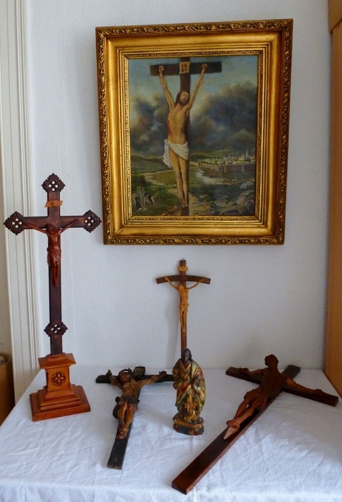 6 x Religiös, uralt Kreuz, Skulptur um 1800, uraltes Gemälde Ölgemälde sig.