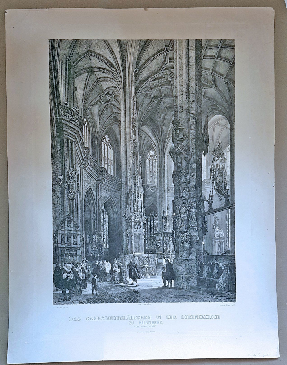 Antik 19. Jh. Ritter Radierung Lorenzkirche Nürnberg Grafik Kupferstich Sakramentshäuschen