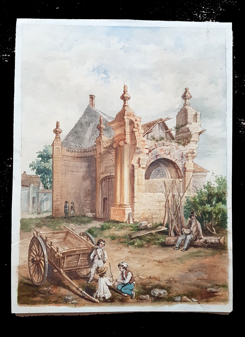 Aquarell 1848 Piranesi-Ruine Kinder spielen Pferdekarren Landhaus Signiert