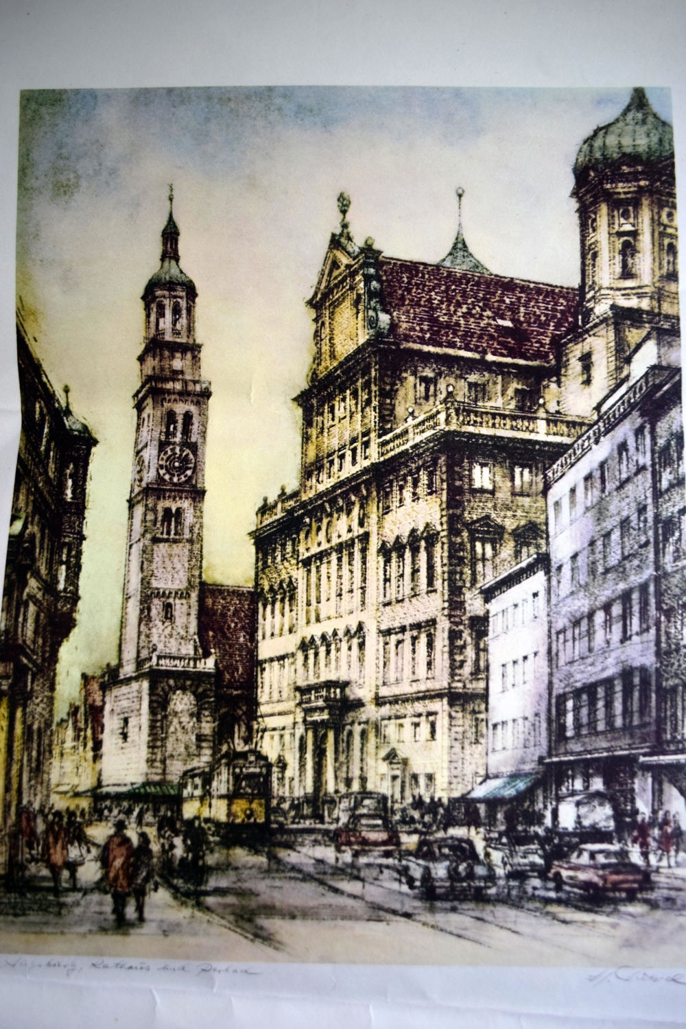 Kunstdruck mit dem Motiv Rathaus und Perlachturm in Augsburg