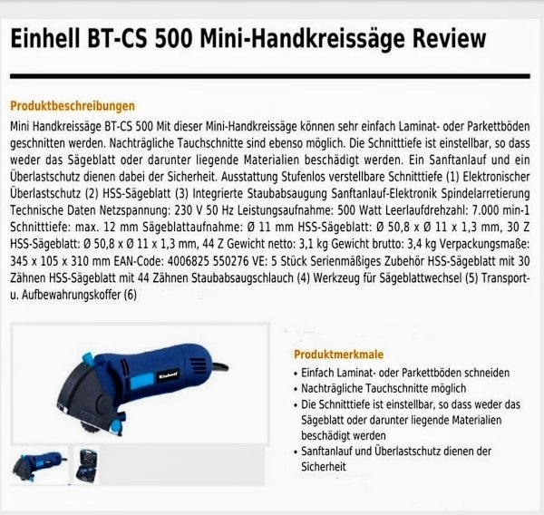 Einhell Mini-Handkreissäge BT-CS 500