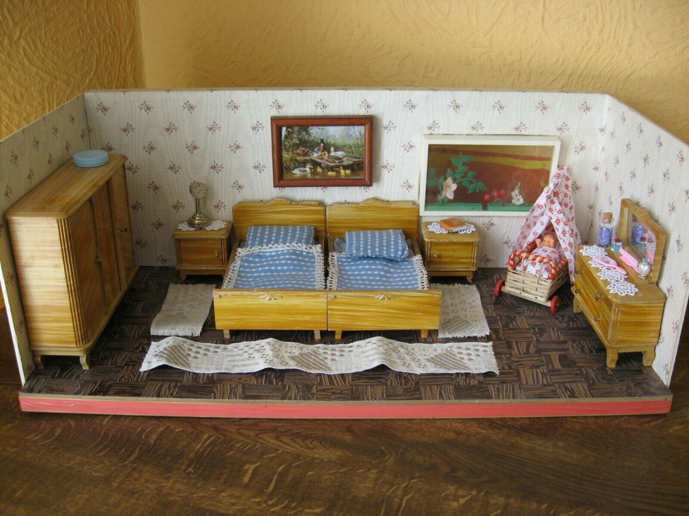 Rülke Rarität 30er J ? Schlafzimmermöbel+Himmelbett Puppenstube-Puppenhaus