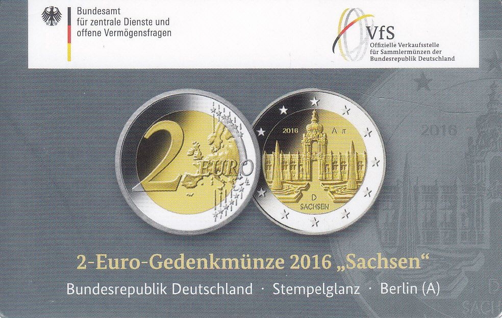 2 Euro Bundesland Sachsen - Original Coincard 2016 - Prägebuchtabe D