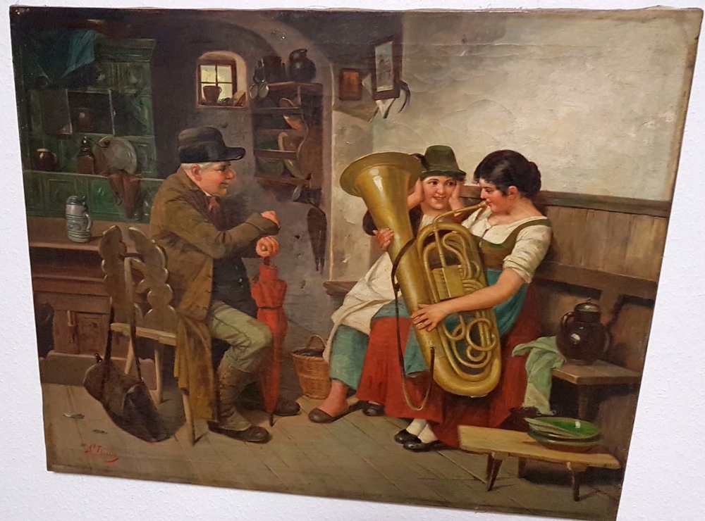 Ölgemälde Dirndl mit Tuba Freude beim Musik lernen Bauernstube Kamin Blasinstrument