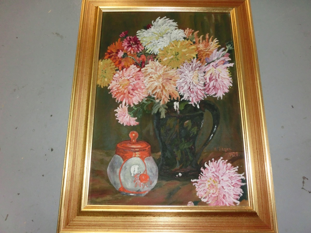 Ölgemälde mit Blumen H. Jäger 1920 62 x 48 cm, mit Rahmen signiert
