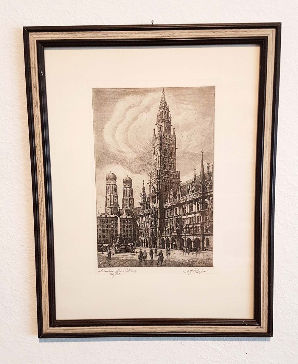 Signiert Original Radierung München Rathaus Marienplatz Peterskirche Bayern Wien Grafik Bild Stadt