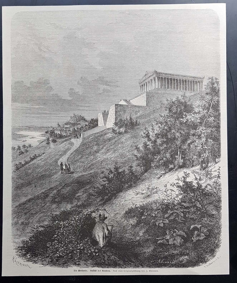 Die Walhalla Ansicht des Äußeren Holzstich um 1860 antik The Valhalla exterior view