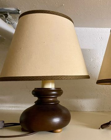 Vintage Lampe v. TCM Tchibo Holzfuß rund m. Schirm Stoff creme Tischlampen