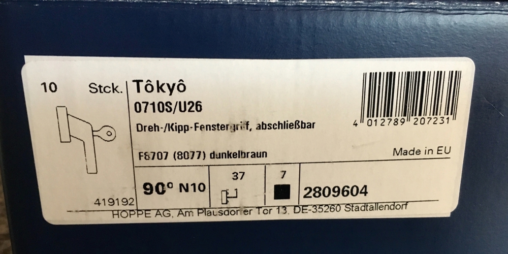 1x HOPPE Fenstergriff abschließbar, Tokyo F8707, braun schwarz nagelneu, orig. verpackt verschweißt