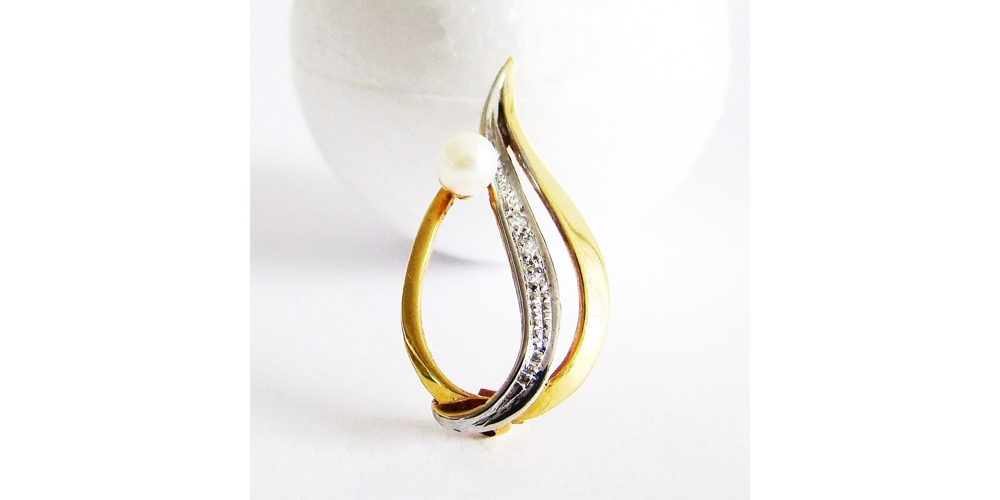 Brosche Gold 333er Diamant Akoya 8 kt Zuchtperlen bicolor 7017