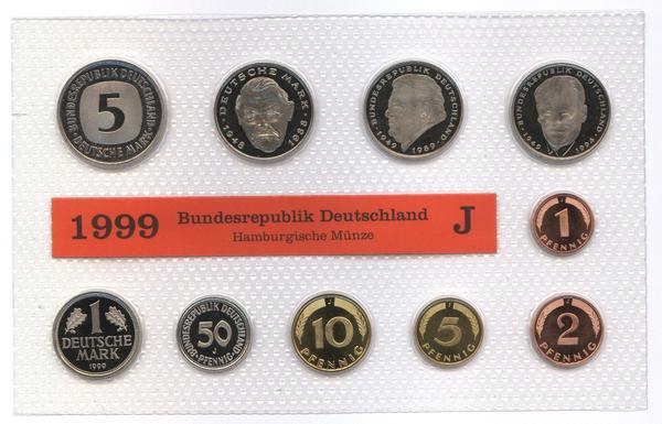 DM Kursmünzensatz von 1999, Münzstätte : alle Münzen von Hamburg (J)
