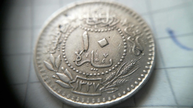 N56-10 Para-Sultan Mehmed V resat-1327-1911-3.Reg.J.-10 EUR, Motiv Thugra,Topzustand,