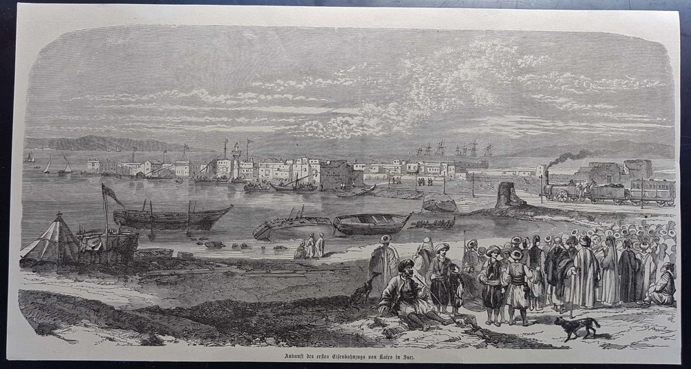 Ankunft der ersten Eisenbahn von Kairo in Suez Holzstich um 1860 antik