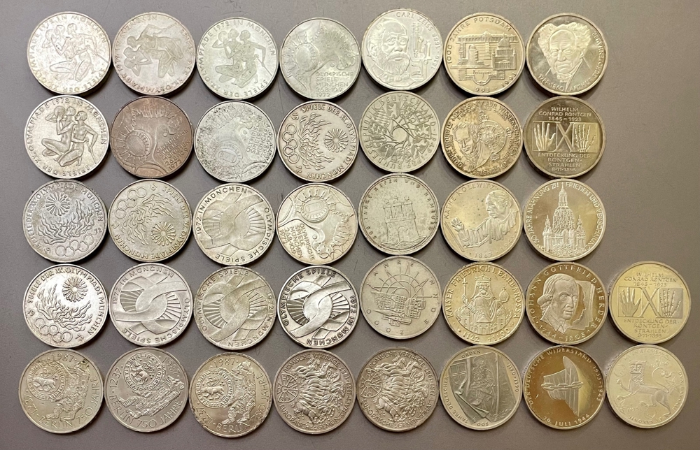 37x 10 Mark Silbermünzen von 1970-1997, insgesamt 11,52 Unzen Feinsilber 