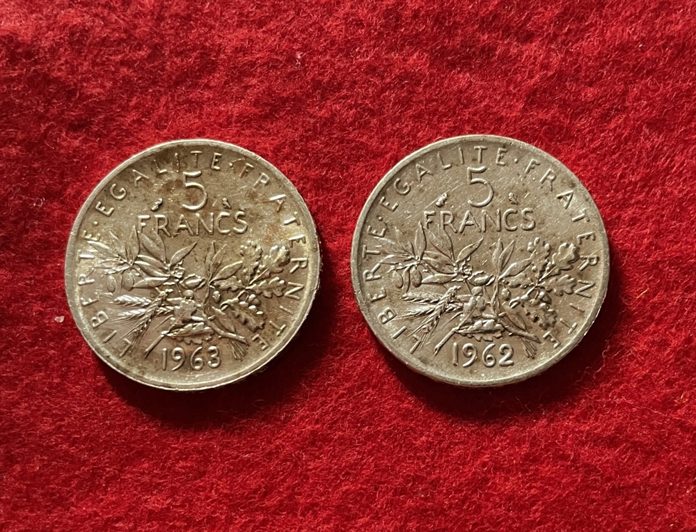 2 x 5 Francs Silbermünzen 1962 + 1963 Säerin Semeuse