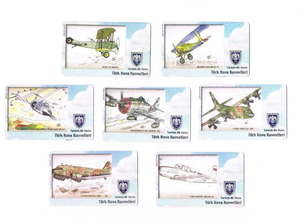7 Telefonkarten Türkei, alte Flugzeuge,Türkish Air Force,Türk Hava Kuvvettlerie, abtelefoniert