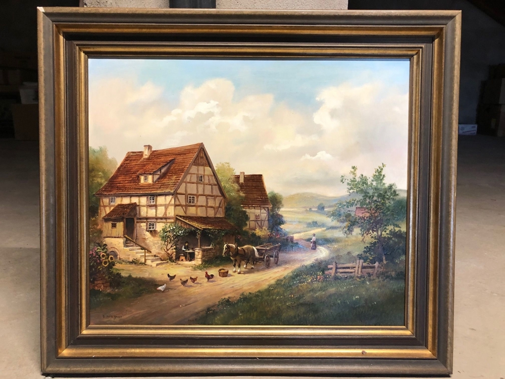 Gemälde Pferdefuhrwerk in bäuerlicher Landschaft mit Holzrahmen von O. Wagner