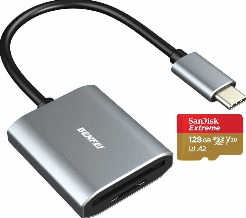 OTG USB 3.0 Typ C, Speicherkartenleser BENFEI DUAL, Sandisk Extreme MicroSDXC128GB, A2, V30, 160MB s