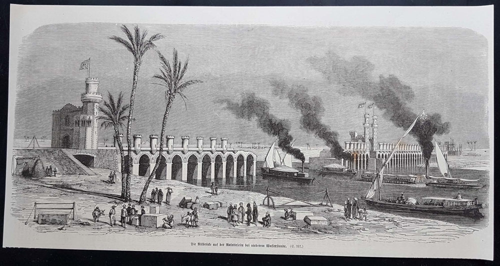 Die Nilbrücke Ägypten Ruine Holzstich um 1860 antik