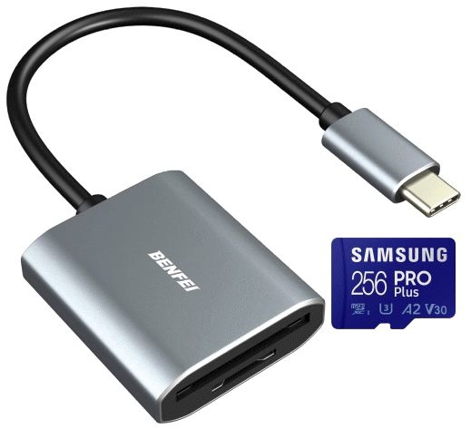 OTG USB 3.0 Typ C, Speicherkartenleser Beikell Dual, Samsung PROPlus MicroSDXC 256GB, 160MB s