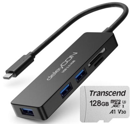 OTG USB 3.0 Typ C, 3fach Hub, & Speicherkartenleser Dual, SD & MicroSD,  Transcend MicroSDXC128GB