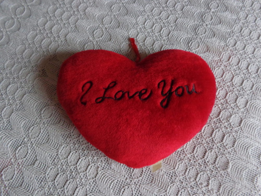 Deko-Plüsch-Kissen in Herzform mit Stickerei "I love you", rot/schwarzer Aufdruck
