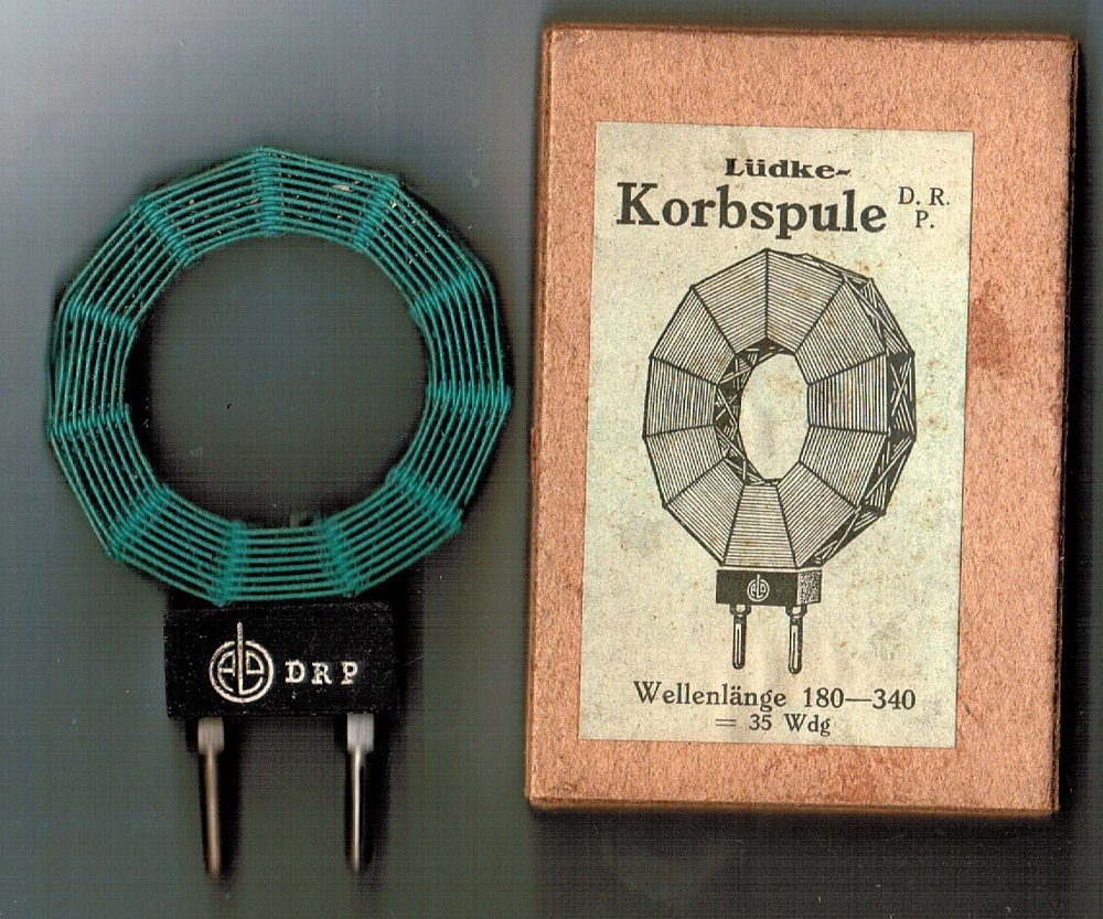 Lüdke-Korbspule D.R.P. Steckspule für Detektor original verpackt in Kistchen, no (kein) PayPal