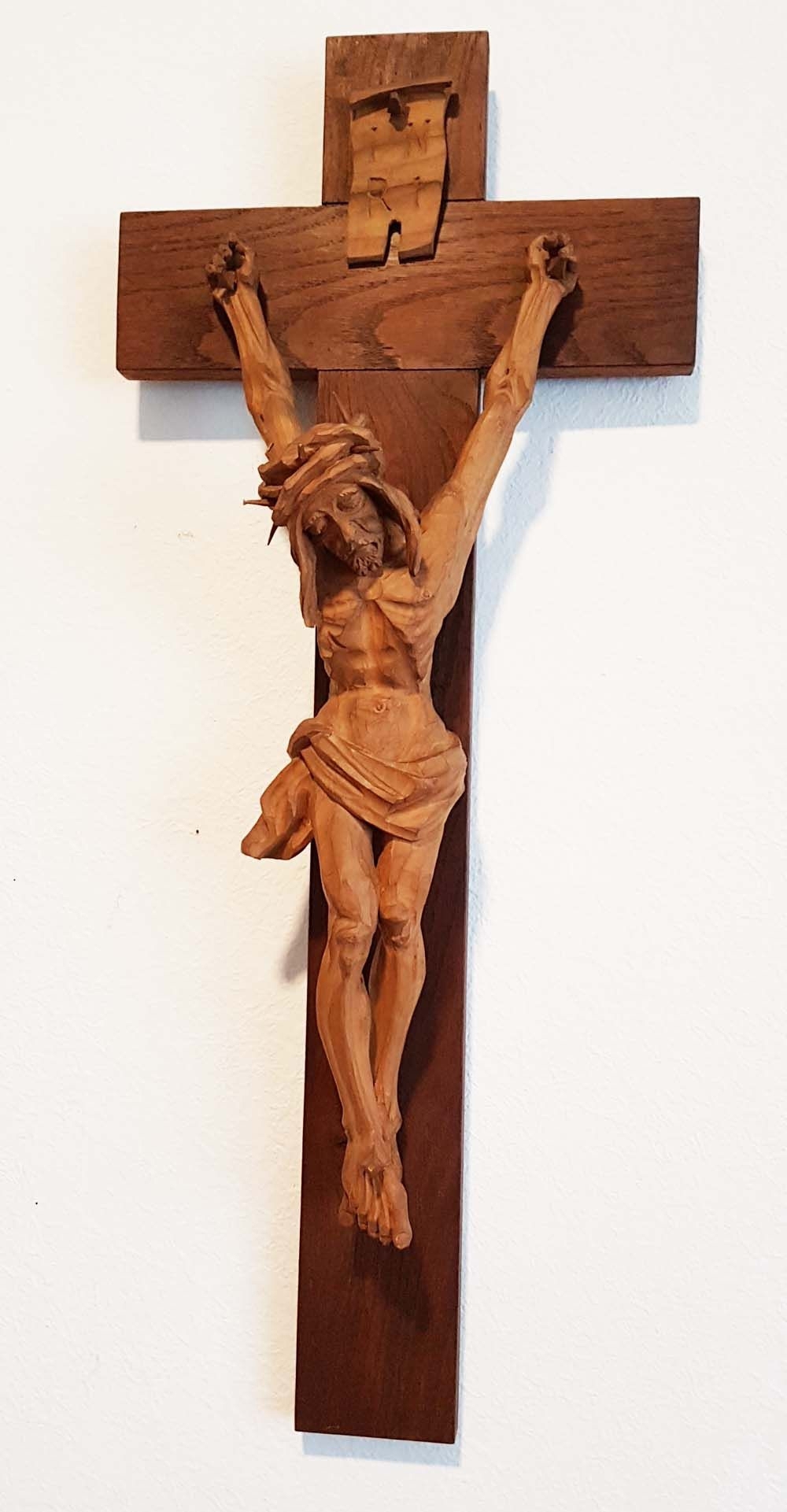 Antik schmales Kruzifix Kreuz Jesus Christus Holz Kapelle Altar Kunst