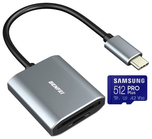 OTG USB 3.0 Typ C, DUAL Speicherkartenleser BENFEI, Samsung PROPlus MicroSDXC 512GB, 160MB s