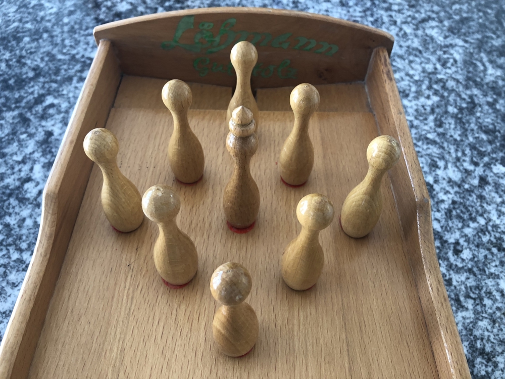 Original Tischkegelbahn von 1958, Vollholz, Buche, Löhmann, "Gut Holz"