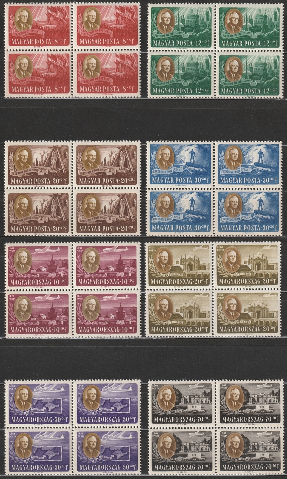 1947. Ungarn, President Roosevelt, 8 x 4er Block., * * , KW.: 160, -EUR+ SELTEN!