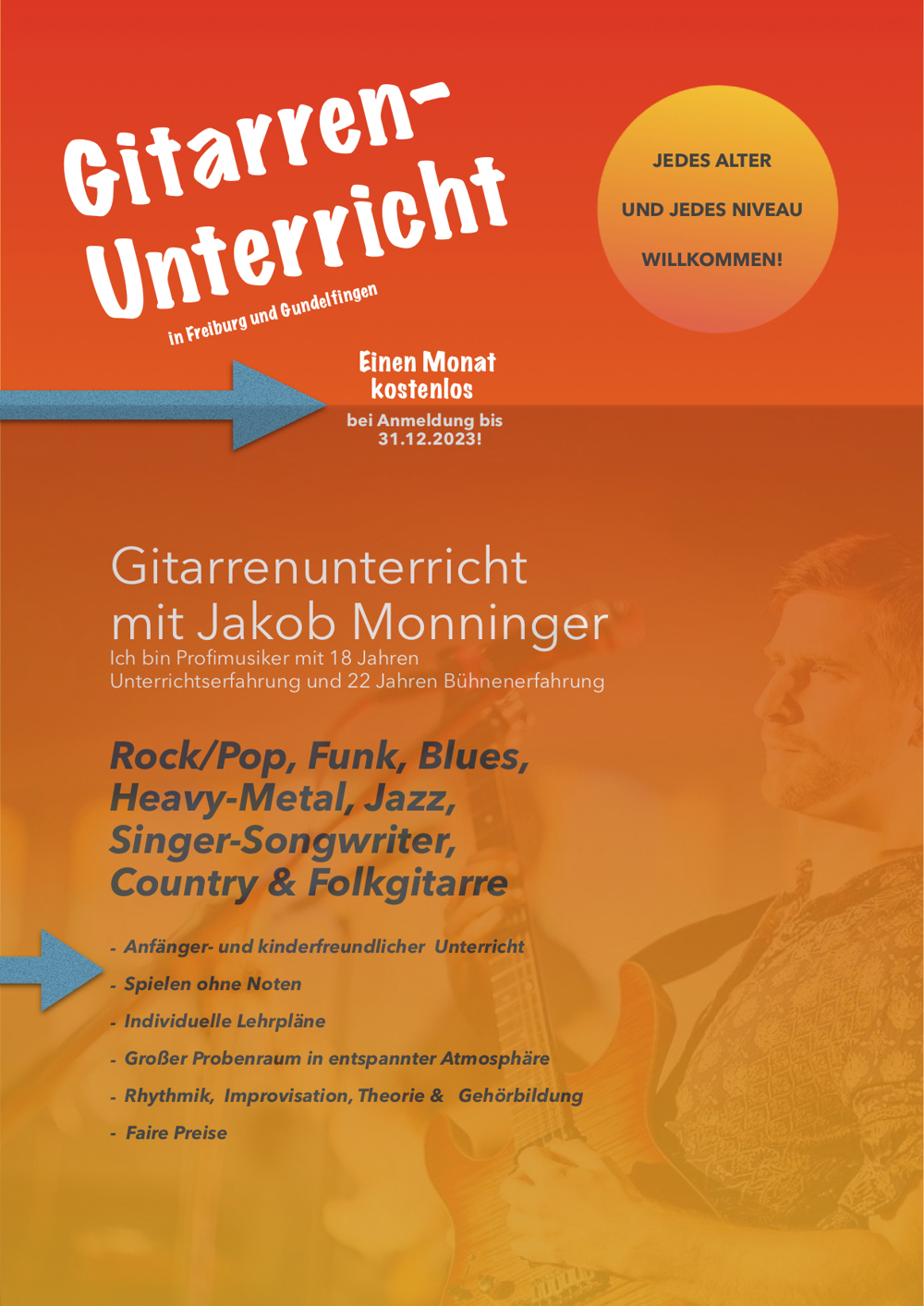 Qualifizierter Gitarrenunterricht in Gundelfingen & Freiburg. Erster Monat Gratis!