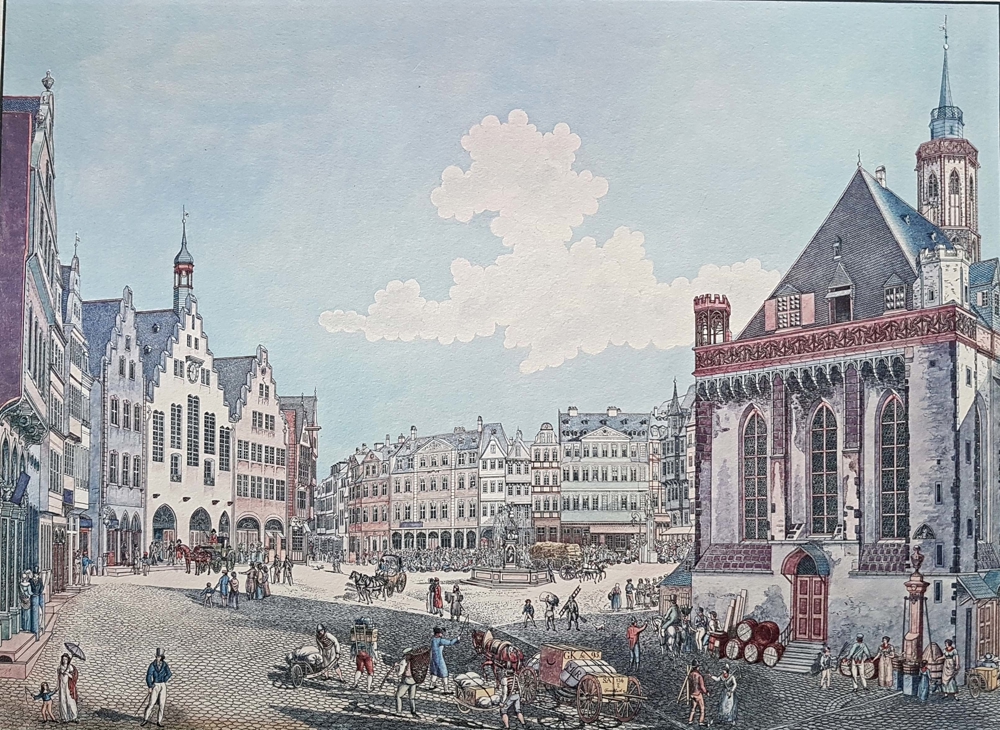 Kupferstich Koloriert Friedrich Wilhelm Delkeskamp Ansicht Römerbergs Nicolaikirche zu Frankfurt