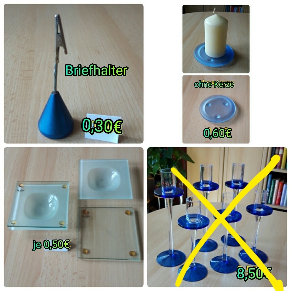 Dekoartikel blau, Kerzenhalter, Glasteller, Briefhalter
