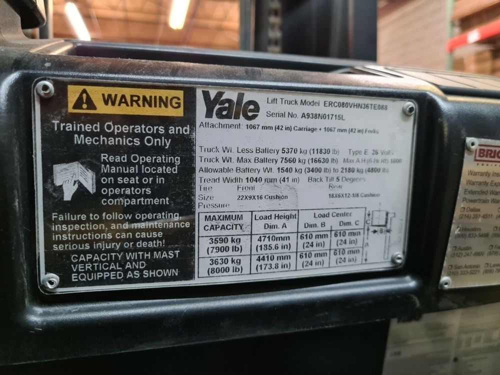 2013 YALE ELECTRIC FORKLIFT 8,000 LBS THREE STAGE MAST MODEL erc080vhn36te088