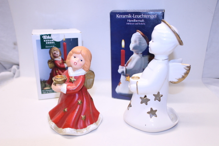 2 Engel Engelfiguren Keramik Leuchtengel Kerständer Weihnachten