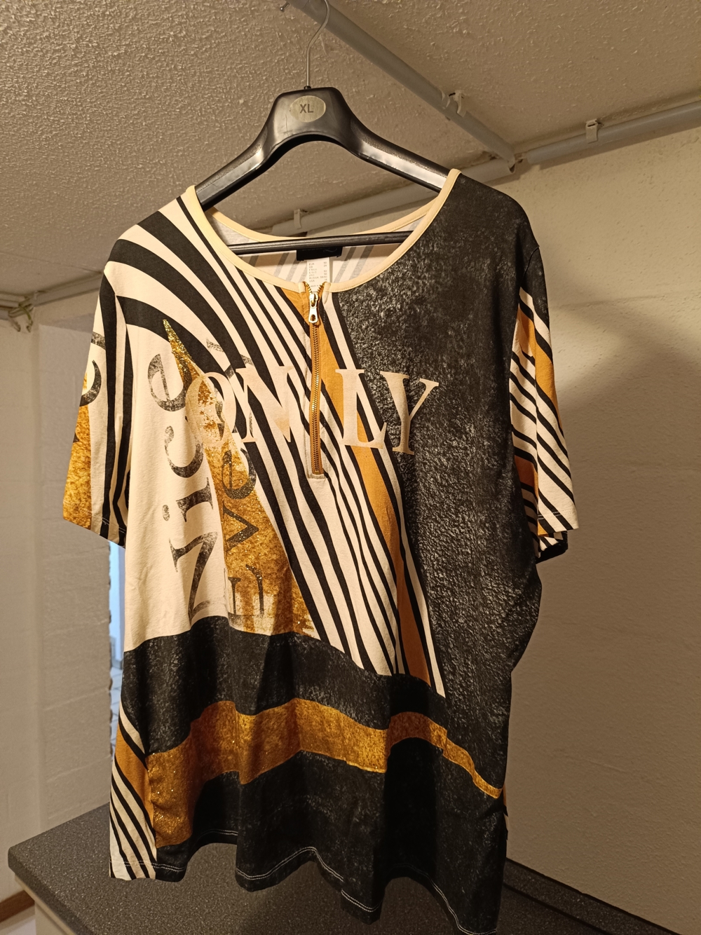 Damen Kurzarm-Shirt Creation L Größe 50, braun-schwarz-gold