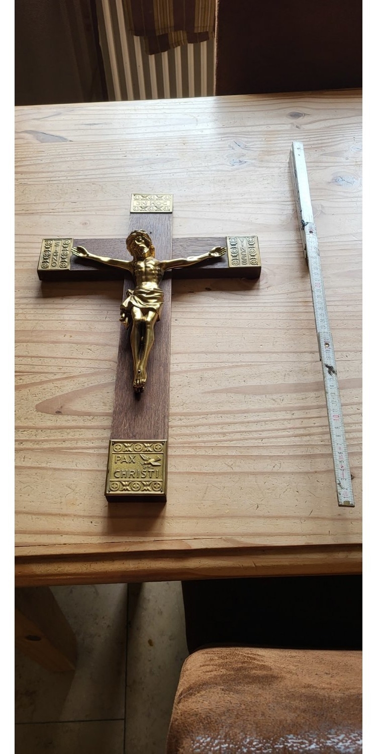 50cm altes Kruzifix Metallbeschlag Holz groß Jesu Metall Messing Chrom
