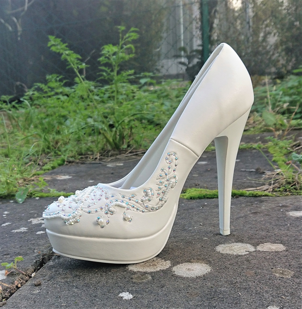 Gr. 39 + 40, sexy High Heels Pumps, weiß - Glitzer + Perlen - Wedding Pumps, Hochzeit, Party