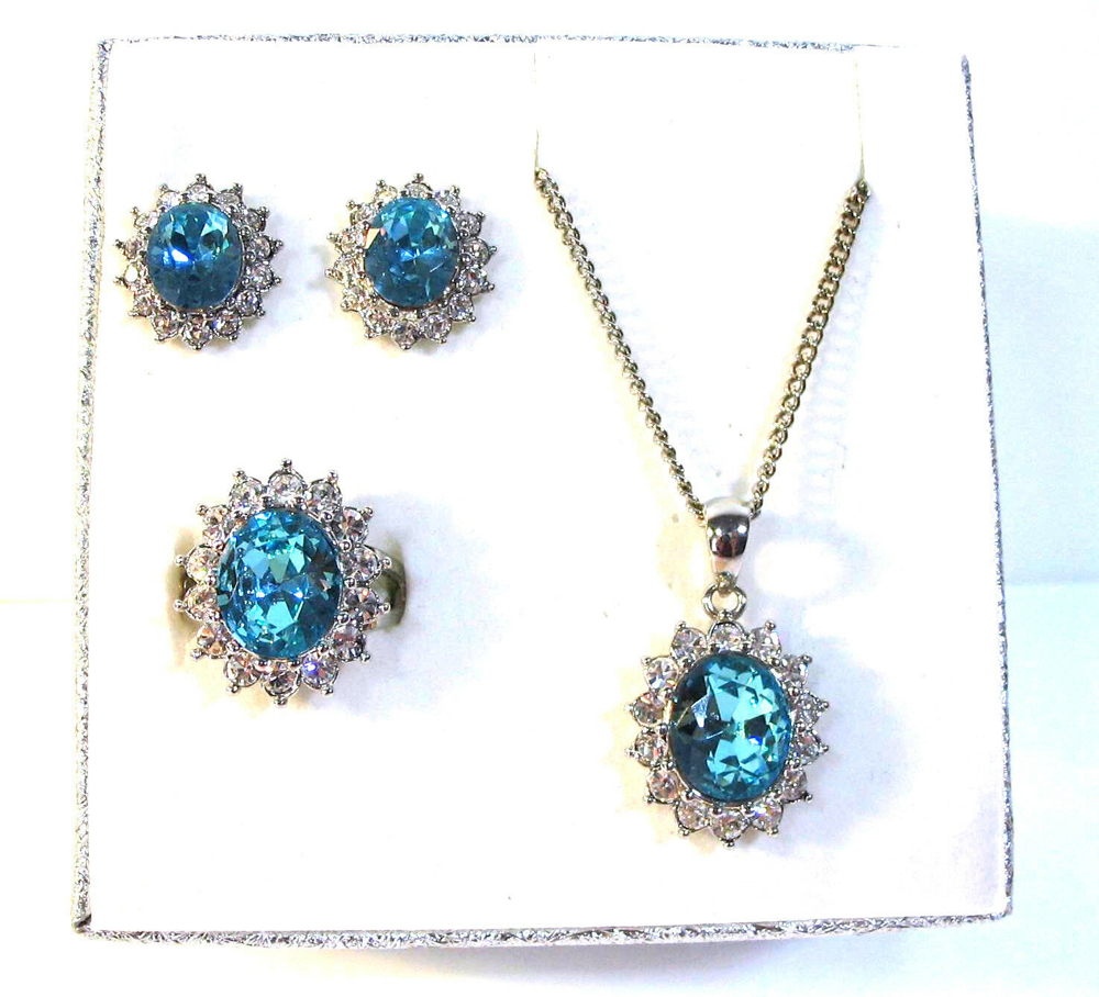 Schmuckset Modeschmuck: Kette + Anhänger + Ring + Ohrringe Strass hellblau weiß - NEU