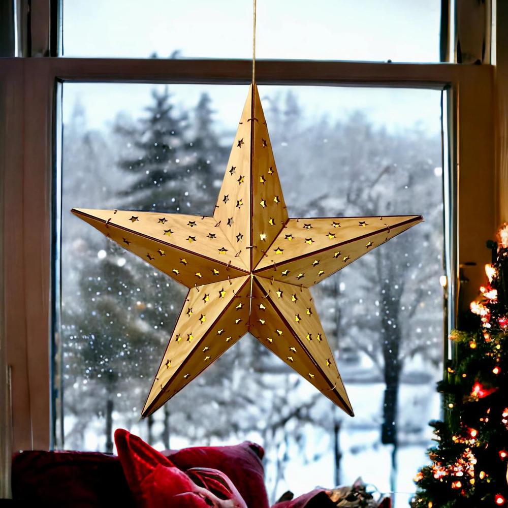 LED Holz Weihnachtsstern | Holzstern zum Aufhängen | Leuchtstern mit Timer | Hängestern mit Licht | 