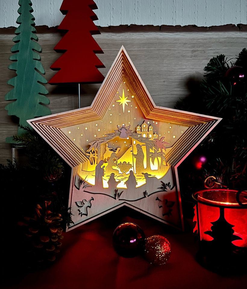 Holz Weihnachtskrippe mit LED Beleuchtung | handgefertigt Birke