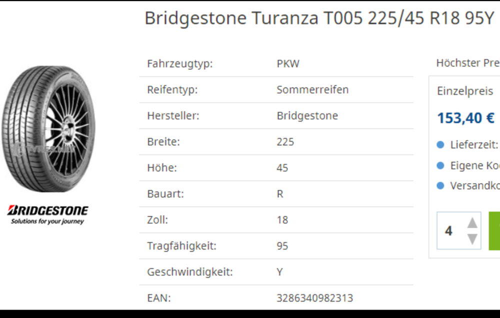 Sommerreifen 225 45 R18 95Y Bridgestone Turanza T005