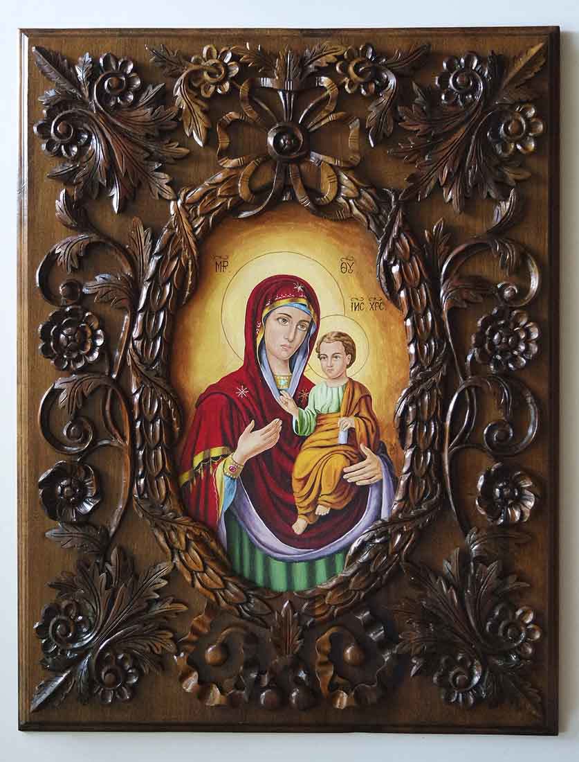 Ikone Jungfrau Maria mit Jesus, Holzschnitzerei, Originalgemälde, Walnussbaum, handgefertigt, Unikat