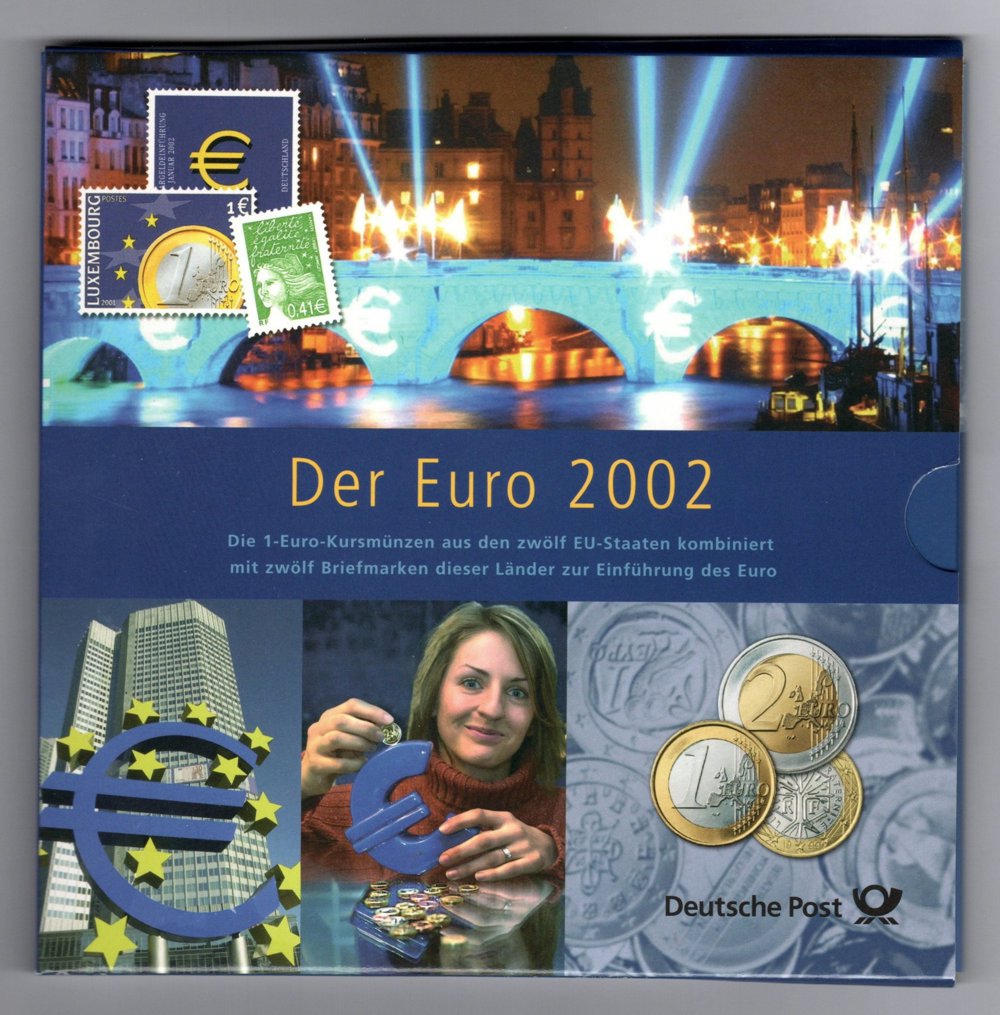 Der Euro 2002 12 Stück 1 Euro Kursmünzen und Briefmarken der EU-Staaten