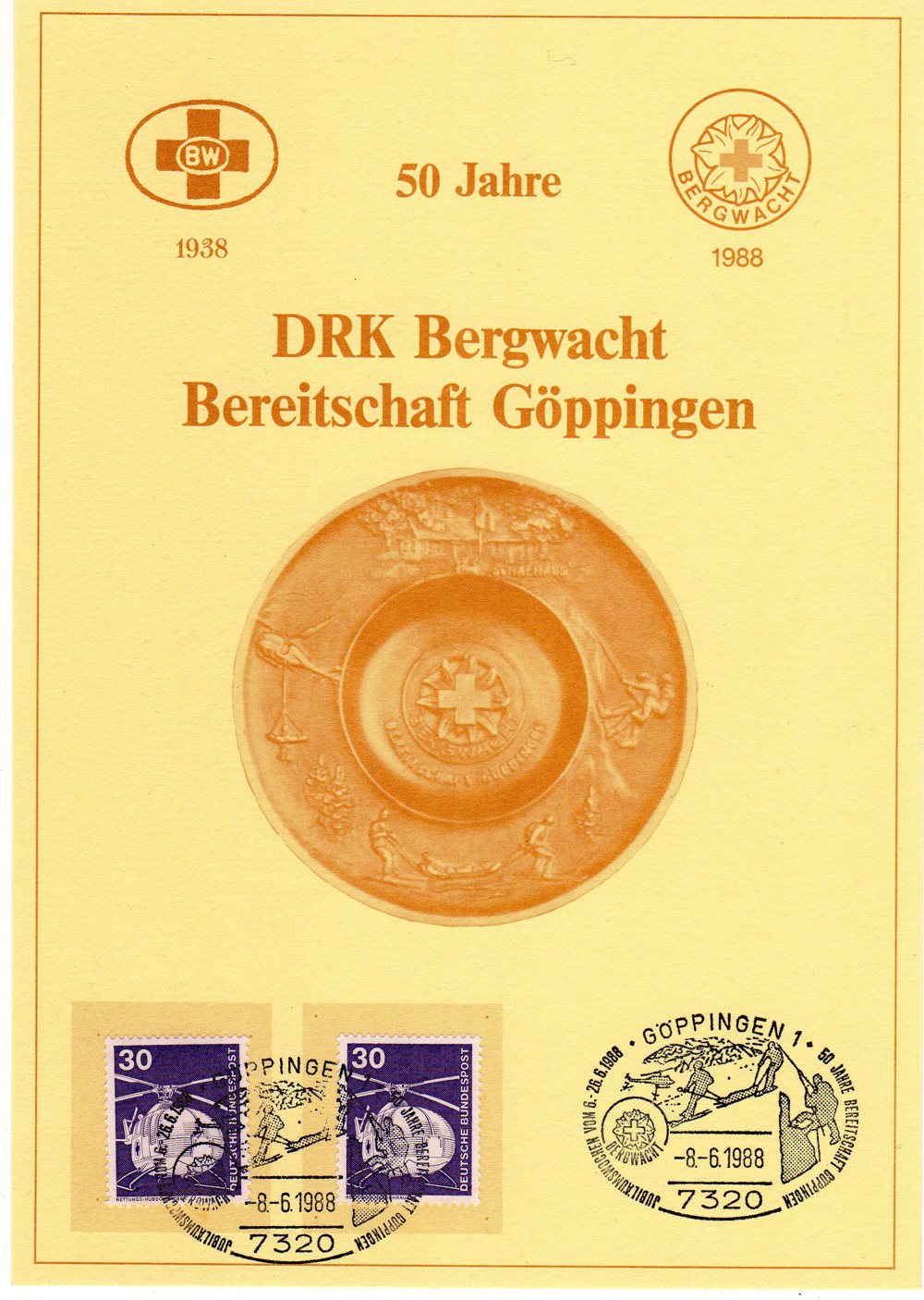 Erinnerungsblatt 50 Jahre DRK Bergwacht Göppingen, Sonderstempel