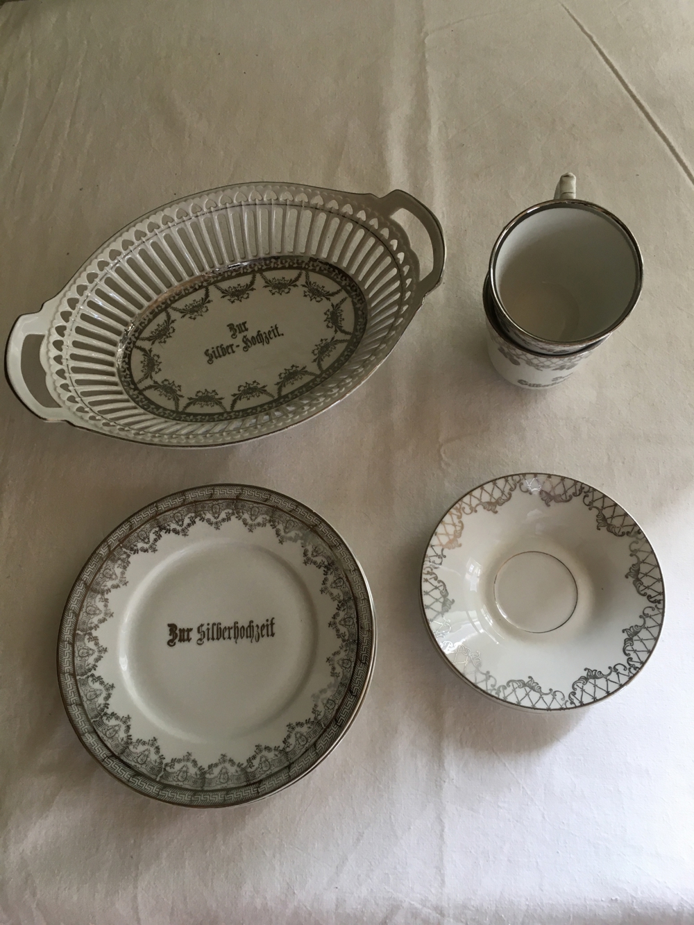 Silberhochzeit 2 Gedecke Schale 7 Teile Porzellan Geschirr Gedeck