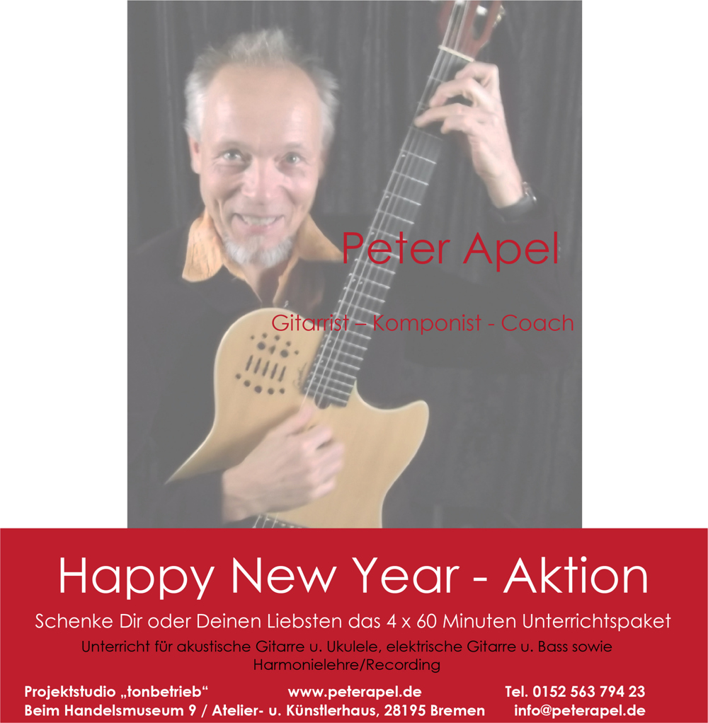 Happy New Year Aktion 4x Unterricht Gitarre Ukulele Bass